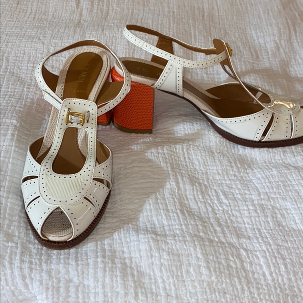Fendi white and orange patent leather sandals